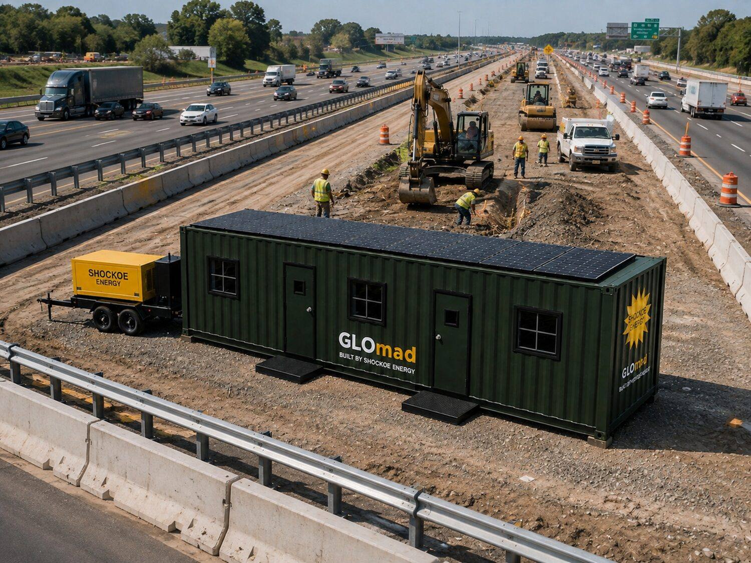 A GLOmad solar-powered site office deployed alongside a highway widening project